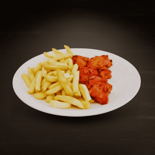 B) Chicken Tikka m/ pommes frites & ketchup - Barnemeny